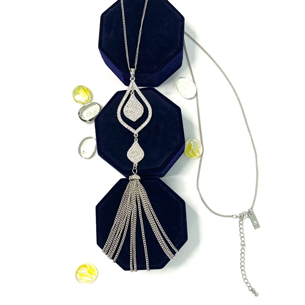 INC Crystal Teardrop Tassel Pendent Silver-Tone Necklace